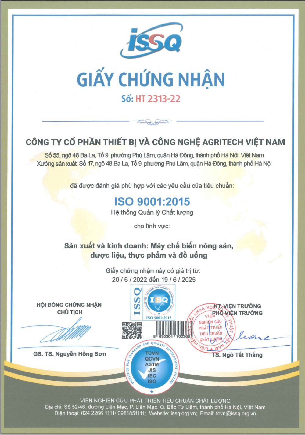 chung nhan agritech iso 9001
